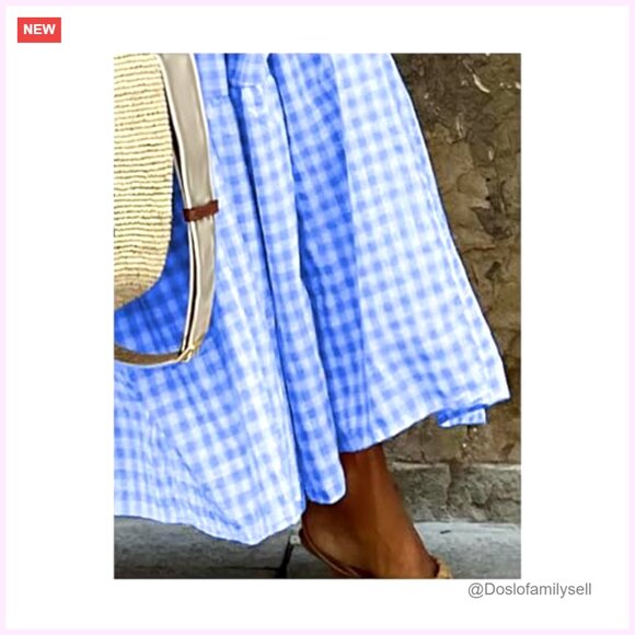 Women's Square Neck Plaid Smocked Maxi Dress Ruffle Sleeve Tiered A-Line - Picture 4 of 5